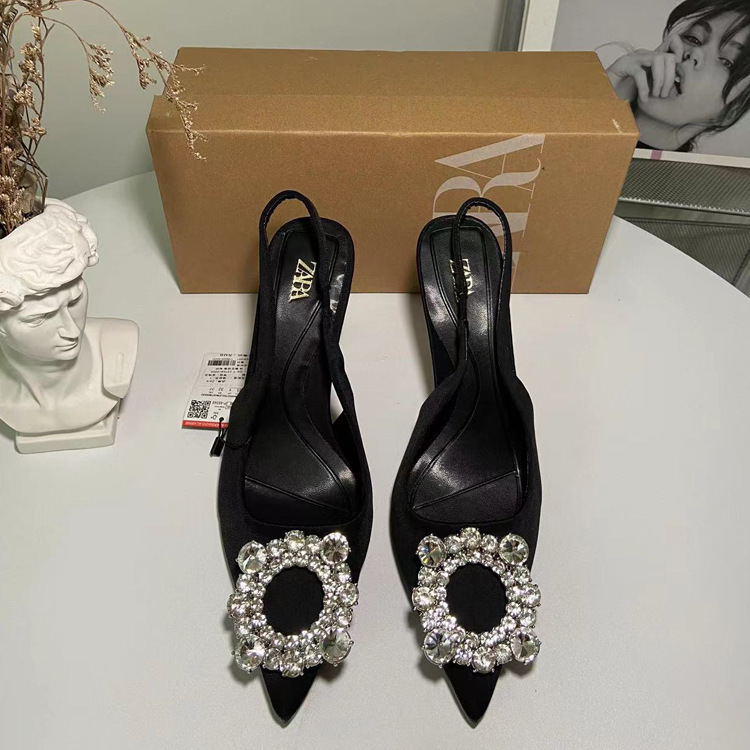 ZA High Heels 2024 Spring/Summer New Fashionable Versatile Women's Shoes Water Diamond Square Button Sandals Casual French Style Single Shoes ZA High Heels 2024 Spring/Summer New Fashionable Versatile Women's Shoes Water Diamond Square Button Sandals Casual French Style Single Shoes