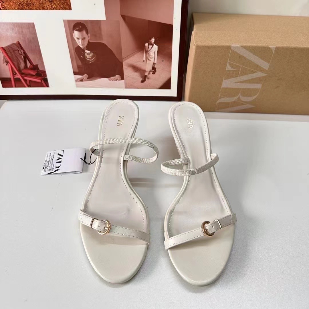 ZA High Heel Sandals 2024 Autumn New Style White Strap Round Head Metal Buckle Fashion Thin Heel Sandals for Women ZA High Heel Sandals 2024 Autumn New Style White Strap Round Head Metal Buckle Fashion Thin Heel Sandals for Women
