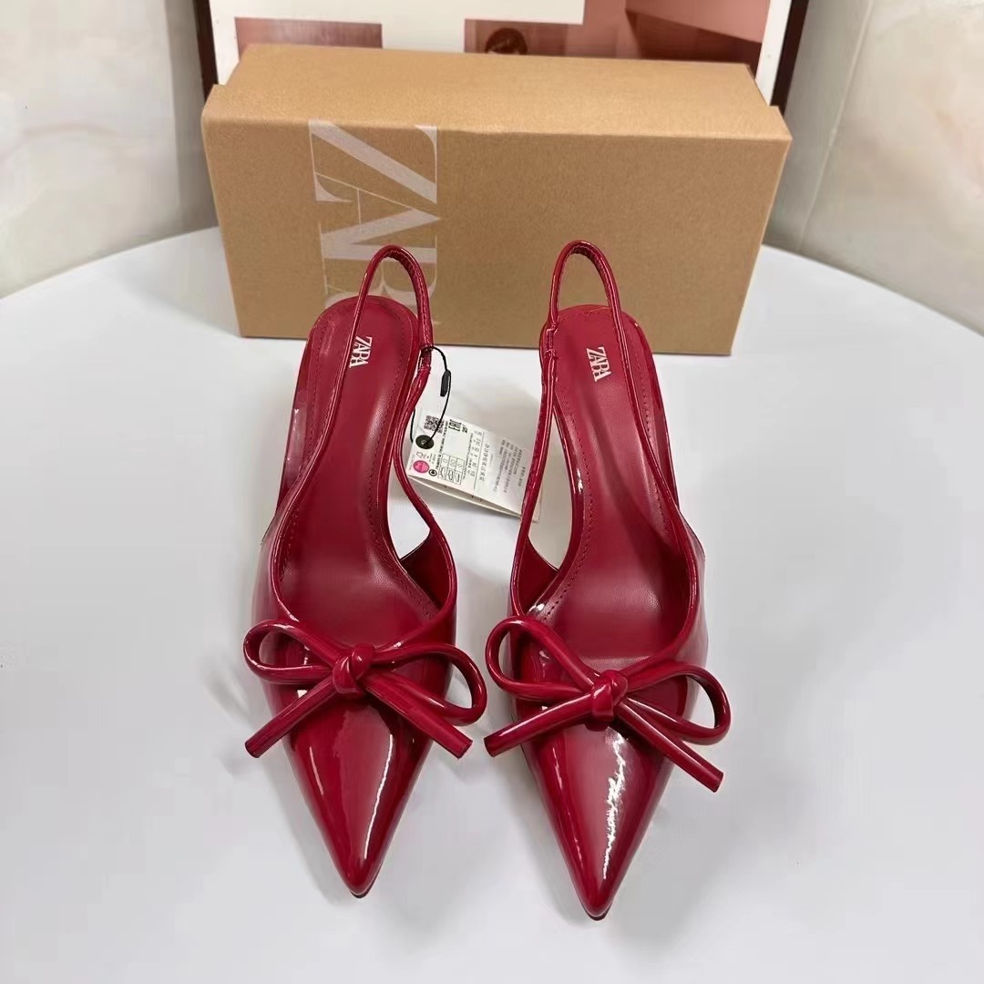ZA2024 autumn hot selling new red patent leather bow decoration pointed high heels with a straight back empty toe cap sandals for women ZA2024 autumn hot selling new red patent leather bow decoration pointed high heels with a straight back empty toe cap sandals for women