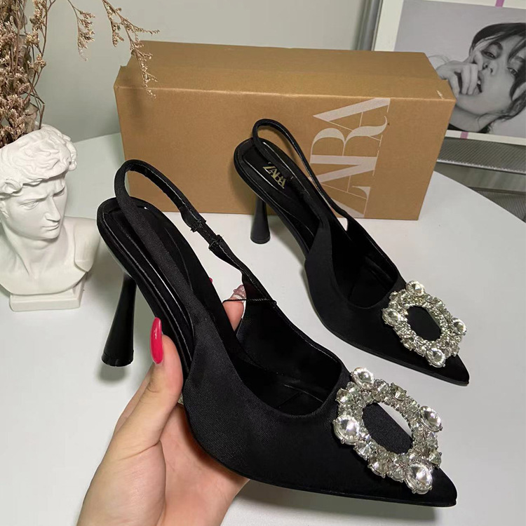 ZA High Heels 2024 Spring/Summer New Fashionable Versatile Women's Shoes Water Diamond Square Button Sandals Casual French Style Single Shoes ZA High Heels 2024 Spring/Summer New Fashionable Versatile Women's Shoes Water Diamond Square Button Sandals Casual French Style Single Shoes