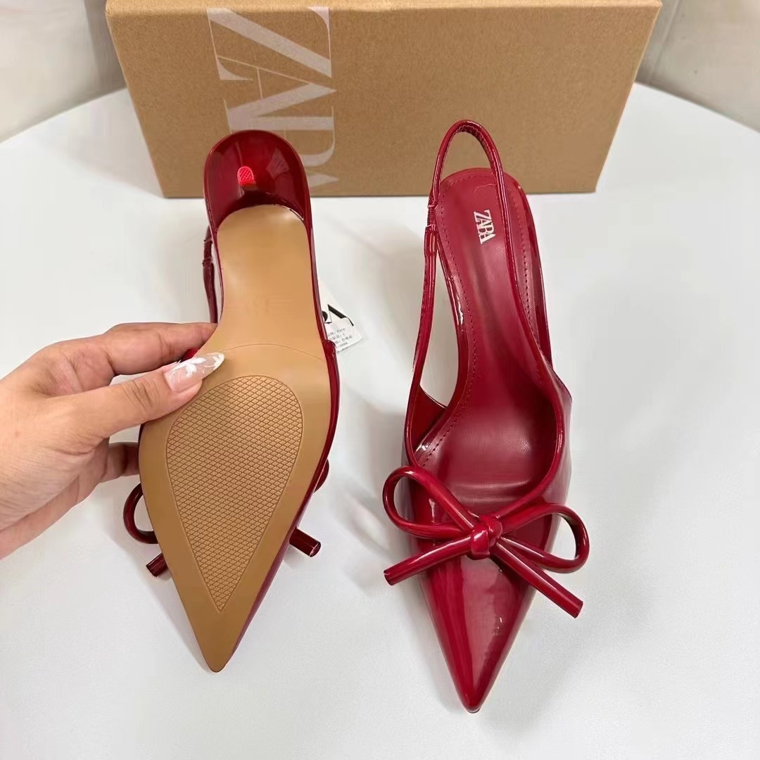ZA2024 autumn hot selling new red patent leather bow decoration pointed high heels with a straight back empty toe cap sandals for women ZA2024 autumn hot selling new red patent leather bow decoration pointed high heels with a straight back empty toe cap sandals for women