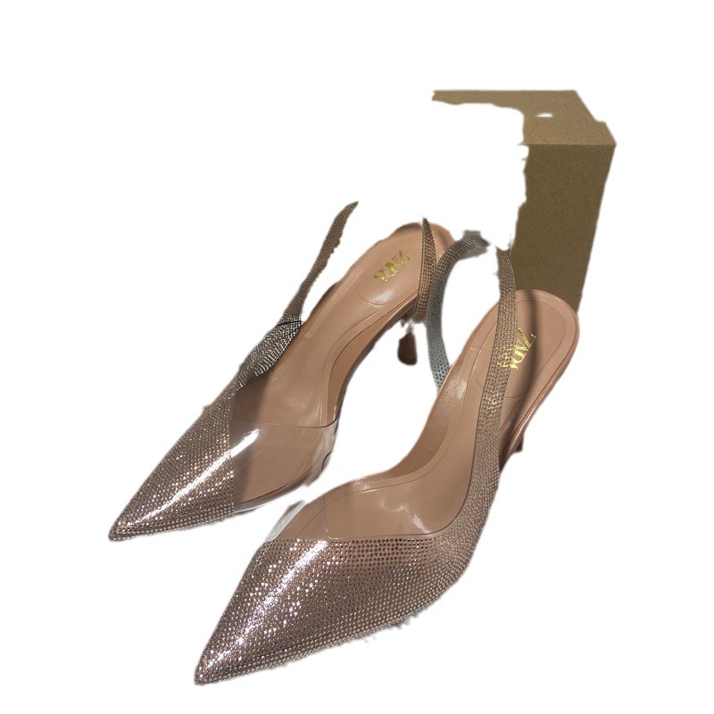 ZA women's shoes 2024 new plus size women's shoes pointed rhinestone high heels PVC exposed heel strap high-heeled sandals for women ZA women's shoes 2024 new plus size women's shoes pointed rhinestone high heels PVC exposed heel strap high-heeled sandals for women