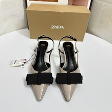 ZA2024 autumn and winter new color blocked patent leather bow decoration small fragrant style pointed shallow mouth heel party style sandals ZA2024 autumn and winter new color blocked patent leather bow decoration small fragrant style pointed shallow mouth heel party style sandals
