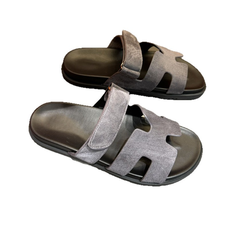 Summer slippers for men, made of genuine leather with soft soles, slip resistant fashion shoes for external wear, European station, light luxury, Velcro, casual, H-shaped slippers Summer slippers for men, made of genuine leather with soft soles, slip resistant fashion shoes for external wear, European station, light luxury, Velcro, casual, H-shaped slippers