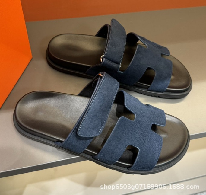 Summer slippers for men, made of genuine leather with soft soles, slip resistant fashion shoes for external wear, European station, light luxury, Velcro, casual, H-shaped slippers Summer slippers for men, made of genuine leather with soft soles, slip resistant fashion shoes for external wear, European station, light luxury, Velcro, casual, H-shaped slippers