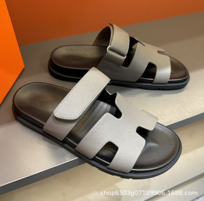 Summer slippers for men, made of genuine leather with soft soles, slip resistant fashion shoes for external wear, European station, light luxury, Velcro, casual, H-shaped slippers Summer slippers for men, made of genuine leather with soft soles, slip resistant fashion shoes for external wear, European station, light luxury, Velcro, casual, H-shaped slippers