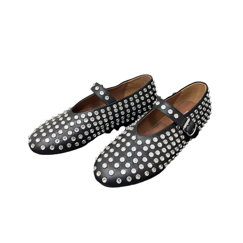 High end version ALA Zhang Xiaohui, same genuine leather round head rhinestone rivet Mary Jane single shoe women's flat ballet single shoe High end version ALA Zhang Xiaohui, same genuine leather round head rhinestone rivet Mary Jane single shoe women's flat ballet single shoe