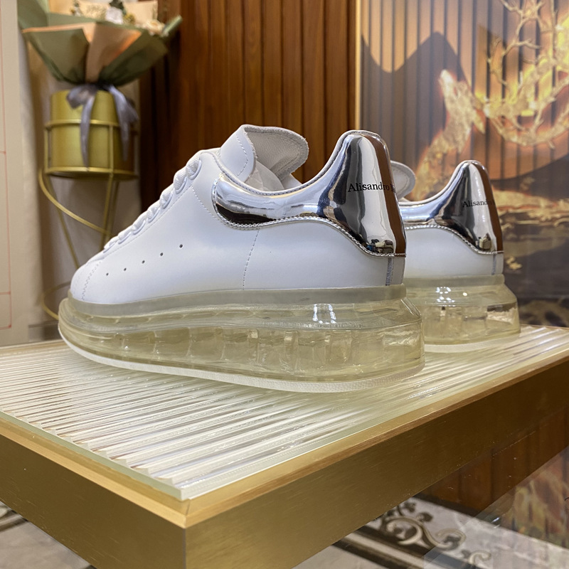 European Men's Shoe Season McQueen Air Cushion White Shoes Silver Tail Transparent Bottom Couple's Sponge Cake Shoes Versatile Casual Board Shoes Trend