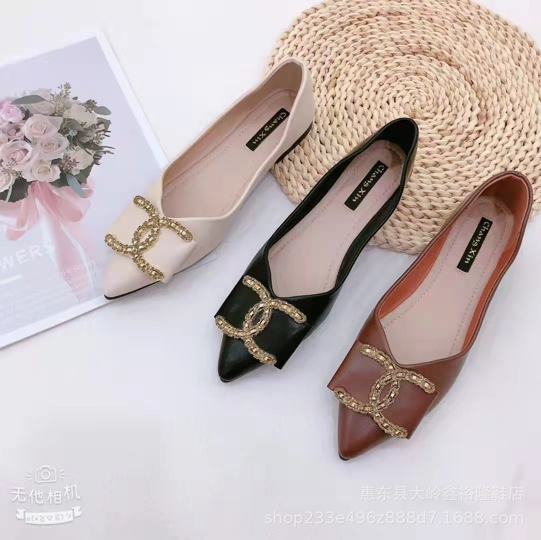 2022 Spring and Autumn New Water Diamond Flat Bun Shoes for Women, Pointed Soft Leather Women's Shoes