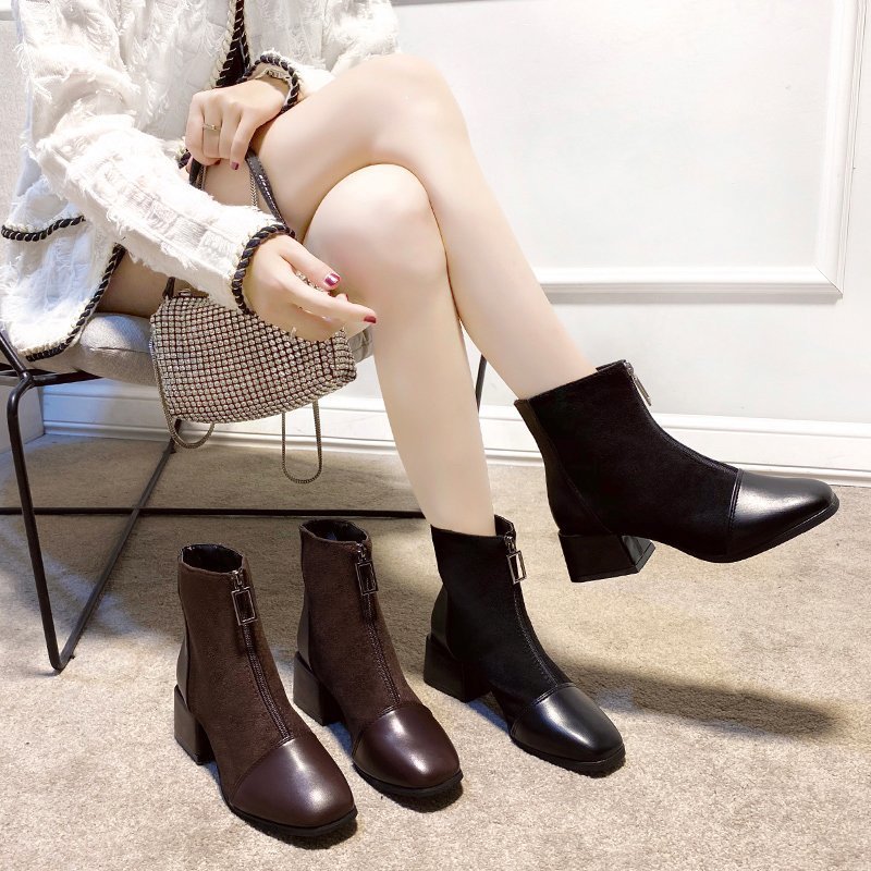 Martin boots for women 2024 autumn new style British style thick heel, mid heel, slim boots retro short boots, front zipper boots for children