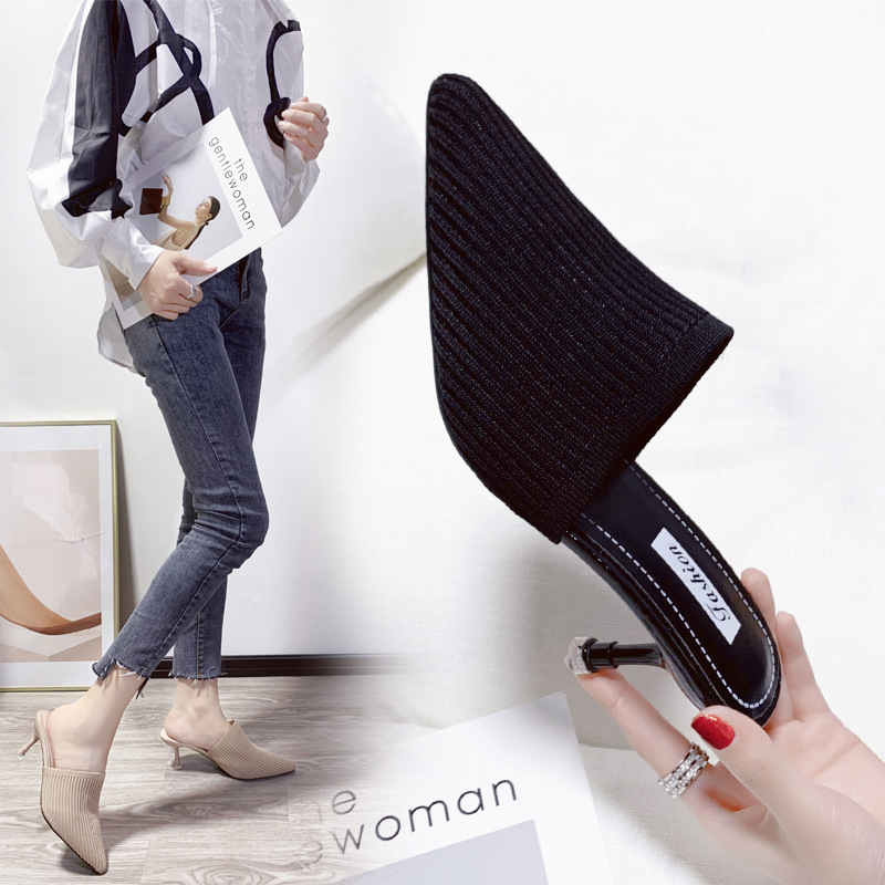 Knitted Half Slippers High Heels Baotou Foreign Trade Women's Summer New Fashionable Half Top Shoes Single Shoes Fashionable Thin Heels Cool Slippers