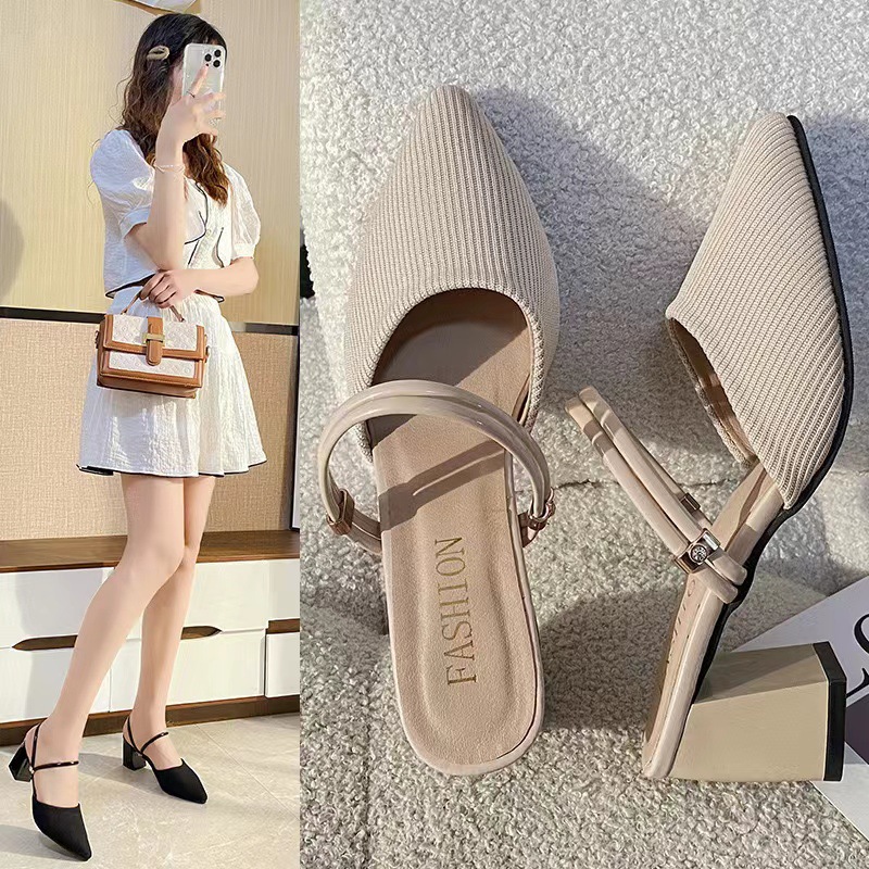 Sharp toe toe, thick heel, cool slippers, half drag sandals, women's summer 2024 new breathable fabric for outdoor wear