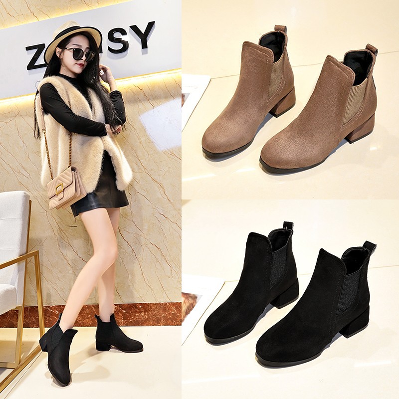 Short boots women's 2024 autumn and winter new round toe suede thick heel short boots with Martin boots Chelsea boots