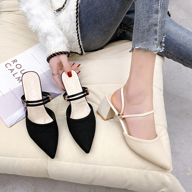 Sharp toe toe, thick heel, cool slippers, half drag sandals, women's summer 2024 new breathable fabric for outdoor wear Sharp toe toe, thick heel, cool slippers, half drag sandals, women's summer 2024 new breathable fabric for outdoor wear