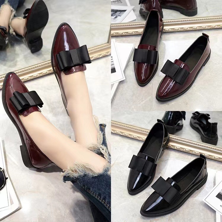 Spring Korean version bow pointed casual low top single shoes for women, flat bottomed shallow mouth simple slip on commuting women's leather shoes