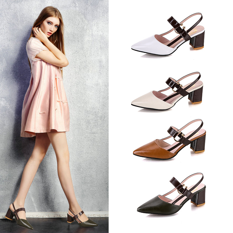 2024 Spring/Summer New Single Shoes, Women's Pointed, Thick Heel, Baotou Women's Shoes, Mid Heel, One Button High Heels, Hollow Women's Sandals