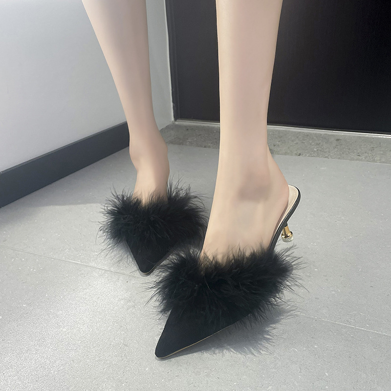 2024 New High Heel Slippers for Foreign Trade Large High Heels Thin Heels Hairy Pointed Sandals Wholesale and Delivery for Women 2024 New High Heel Slippers for Foreign Trade Large High Heels Thin Heels Hairy Pointed Sandals Wholesale and Delivery for Women