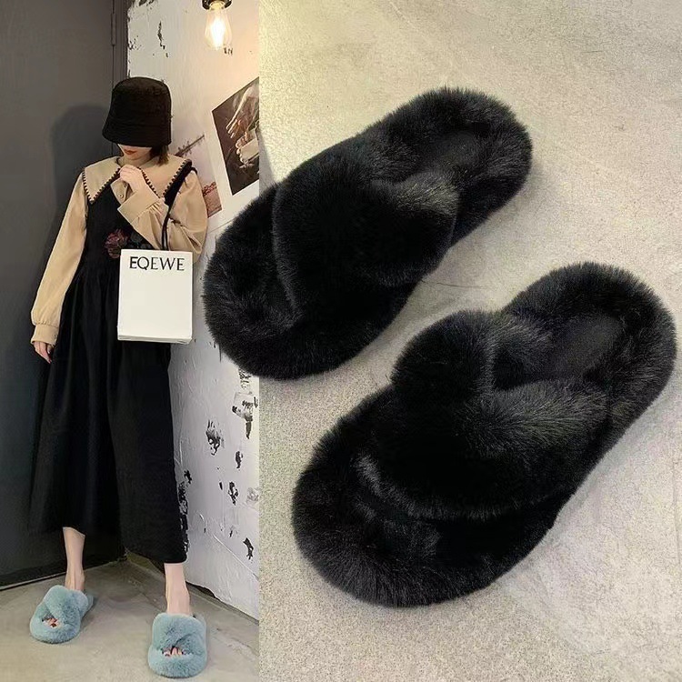 Hairy slippers for women wearing outerwear, internet famous plus size 2024 new item, autumn and winter warm outerwear cross hair slippers wholesale Hairy slippers for women wearing outerwear, internet famous plus size 2024 new item, autumn and winter warm outerwear cross hair slippers wholesale