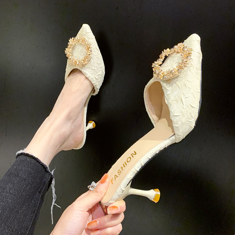 Slippers for women in summer, half slippers for women, 2024 new style French slim heel, Baotou cool slippers, black super high heels Slippers for women in summer, half slippers for women, 2024 new style French slim heel, Baotou cool slippers, black super high heels