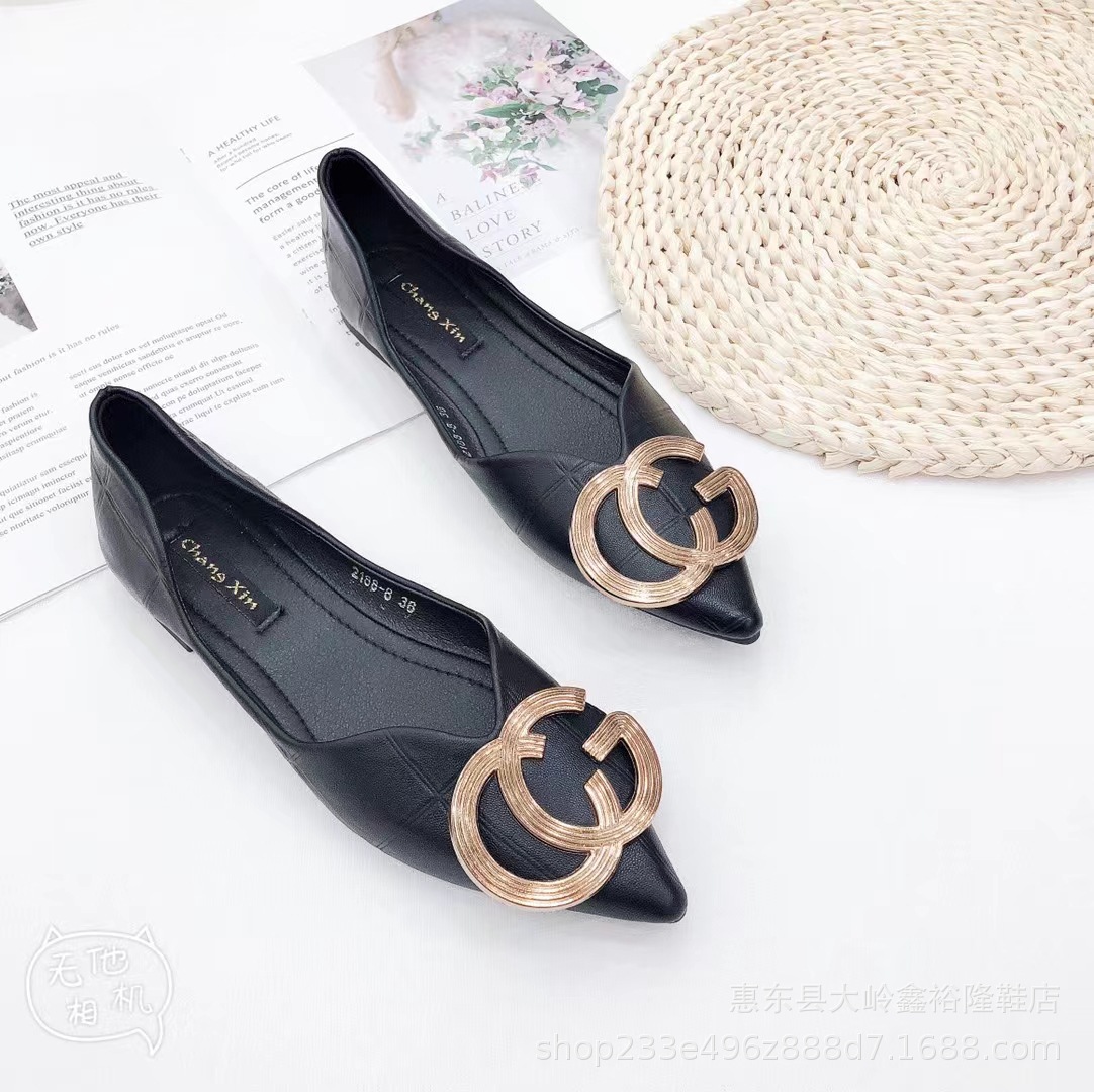 2022 Spring New Women's Shoes Pointed Single Shoes Women's Shallow Mouth Water Diamond Double C-Button Flat Bottom Overbag Shoes