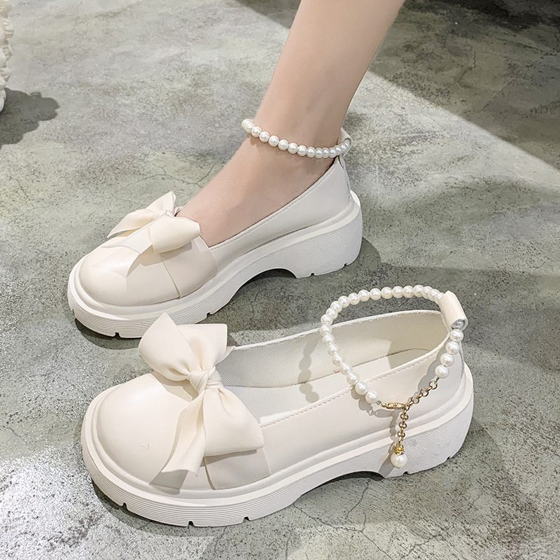 French Mary Jane Shoes for Women 2024 Spring and Autumn New Collection Pearl Bow Single Shoes for Girls, Thick Heel Fairy Style Le Fu Shoes