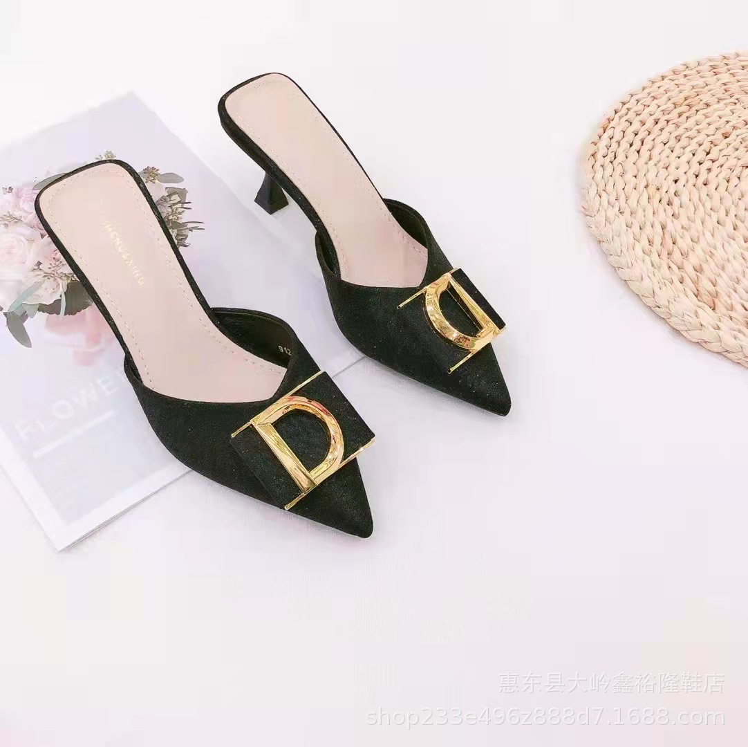 2022 New Internet Celebrity D-Button Middle Heel Baotou Sexy Sandals with Sharp Point and Thin Heel Back Empty Women's Shoes