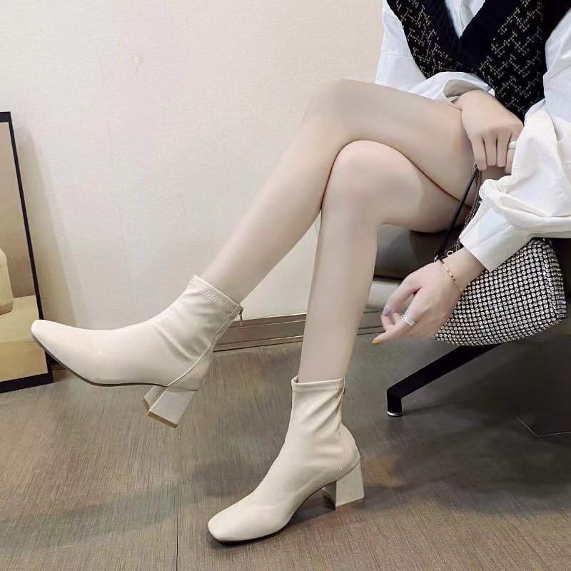 Korean version square toe thick heel short boots for women, new fashionable style with back zipper, mid leg high heels, Martin boots for women Korean version square toe thick heel short boots for women, new fashionable style with back zipper, mid leg high heels, Martin boots for women