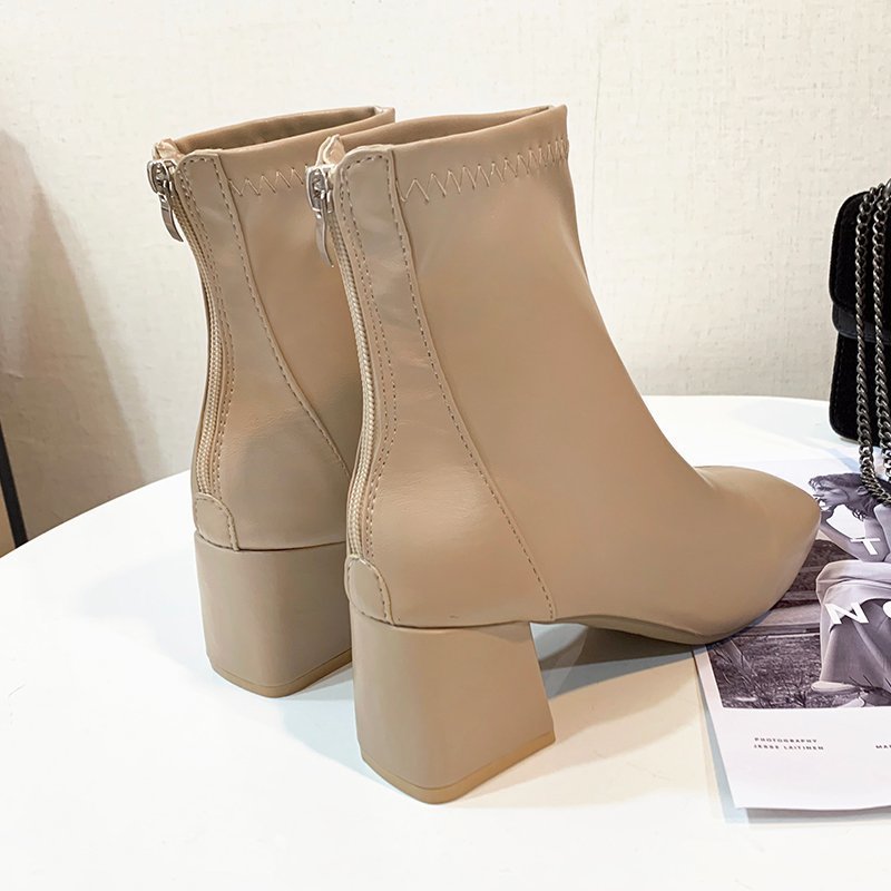 Korean version square toe thick heel short boots for women, new fashionable style with back zipper, mid leg high heels, Martin boots for women Korean version square toe thick heel short boots for women, new fashionable style with back zipper, mid leg high heels, Martin boots for women