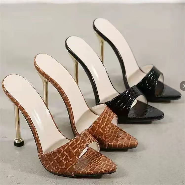 Cross border 2025 new European and American sexy snake skin pattern pointed high-heeled sandals, simple solid color plus size banquet shoes