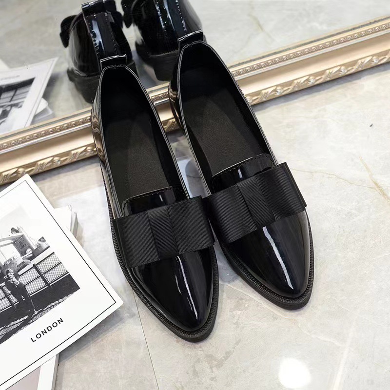 Spring Korean version bow pointed casual low top single shoes for women, flat bottomed shallow mouth simple slip on commuting women's leather shoes Spring Korean version bow pointed casual low top single shoes for women, flat bottomed shallow mouth simple slip on commuting women's leather shoes