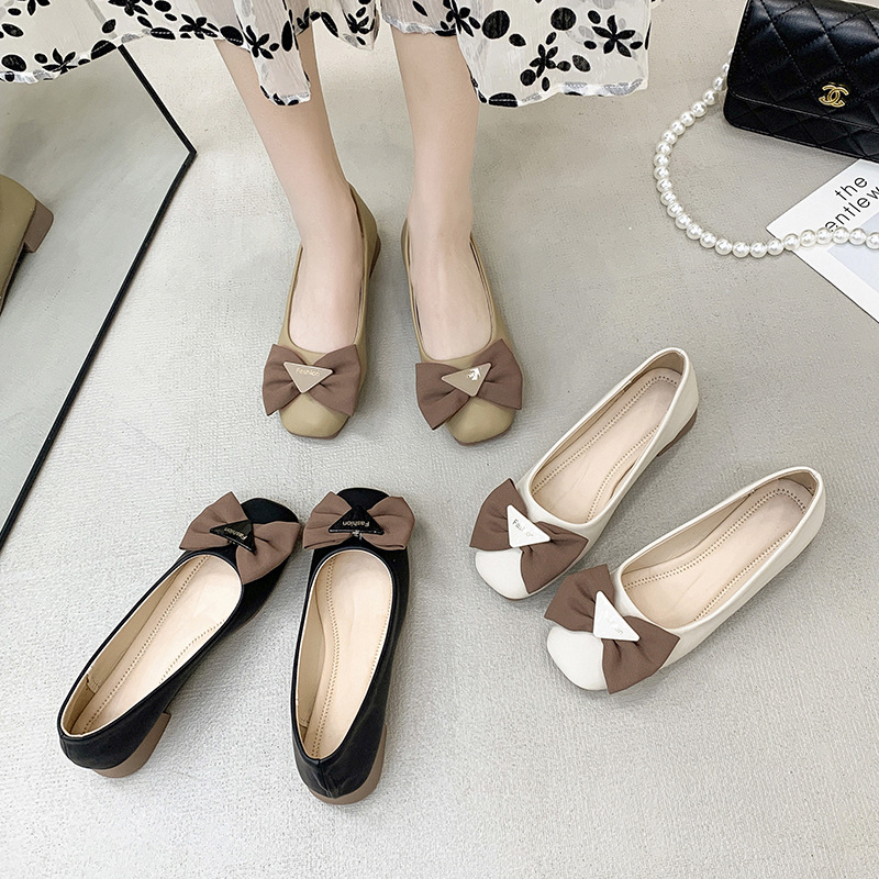 Square headed single shoe women's one foot shallow mouth women's shoes 2024 autumn new style evening and evening style French bow women's bean shoes