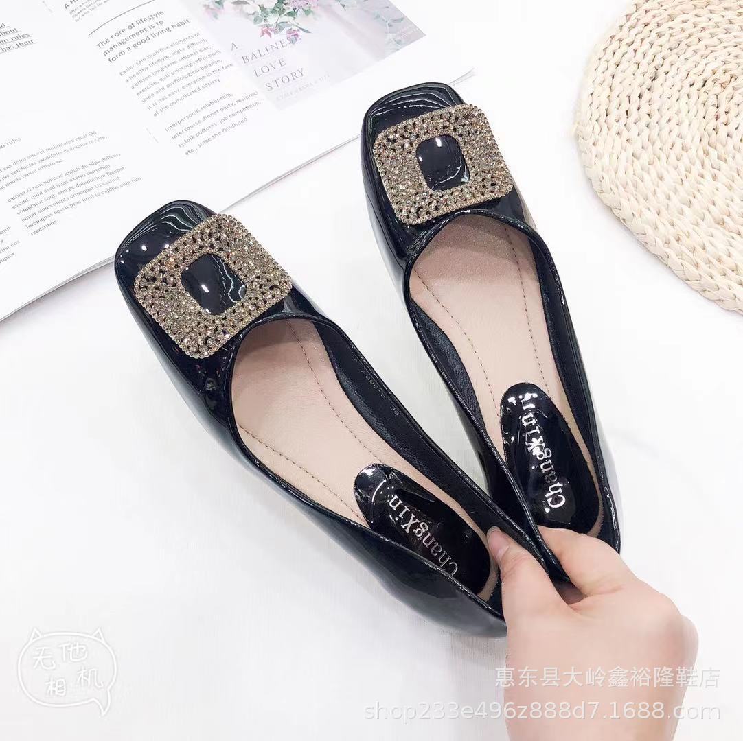 Single shoe women's 2022 spring/summer new Korean version square toe rhinestone square buckle fashionable bean shoes