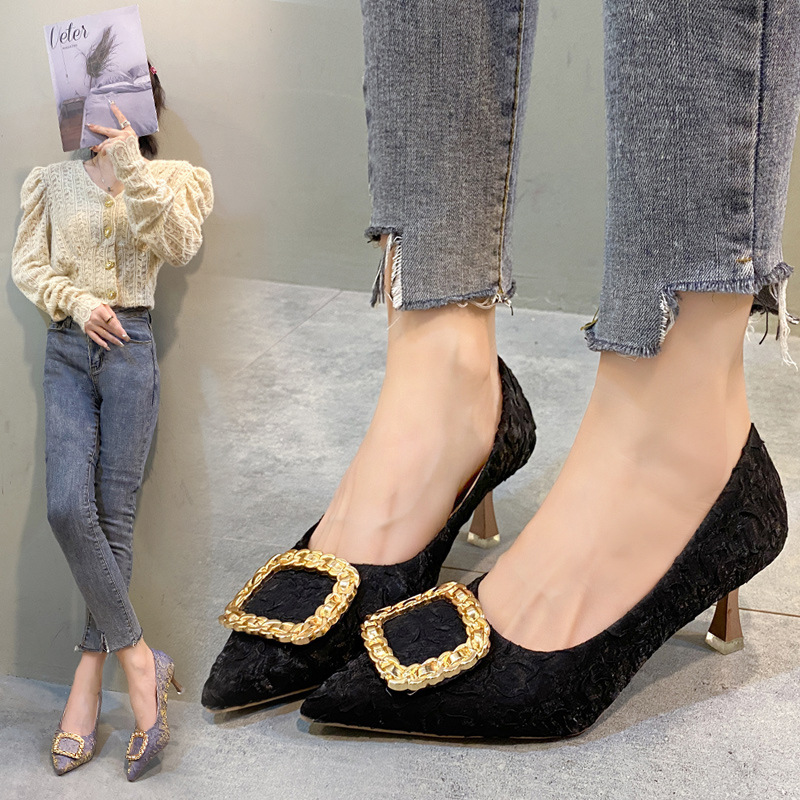 Source Factory Light Luxury Square Buckle High Heels Women's Fine Heels Black Work Shoes Pointed Single Shoes 2024 Autumn New Edition