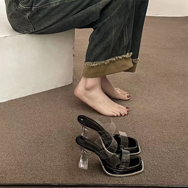 High heeled slippers for women, 2024 new summer outfit, fairy style transparent crystal and waterproof platform thick heel sandals
