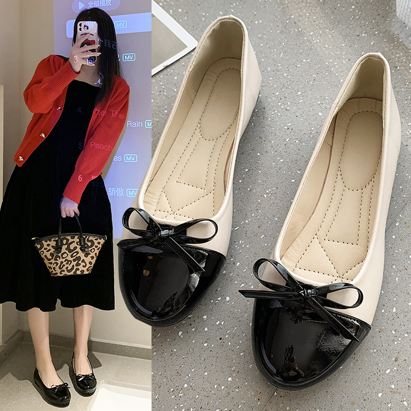 Spring New Korean Fashion Round Head Flat Bottom Fashion Casual Large Women's Shallow Mouth Casual Bow Women's Singles Shoes