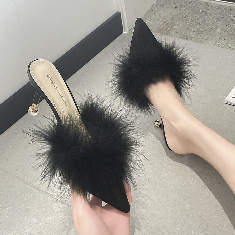 2024 New High Heel Slippers for Foreign Trade Large High Heels Thin Heels Hairy Pointed Sandals Wholesale and Delivery for Women 2024 New High Heel Slippers for Foreign Trade Large High Heels Thin Heels Hairy Pointed Sandals Wholesale and Delivery for Women