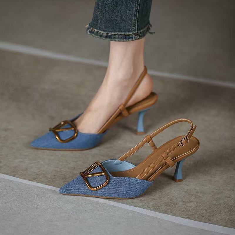 Korean version of high-end, elegant, pointed, thin, and tailored shoes. Spring and Autumn new style, exquisite temperament, versatile denim, high-heeled sandals