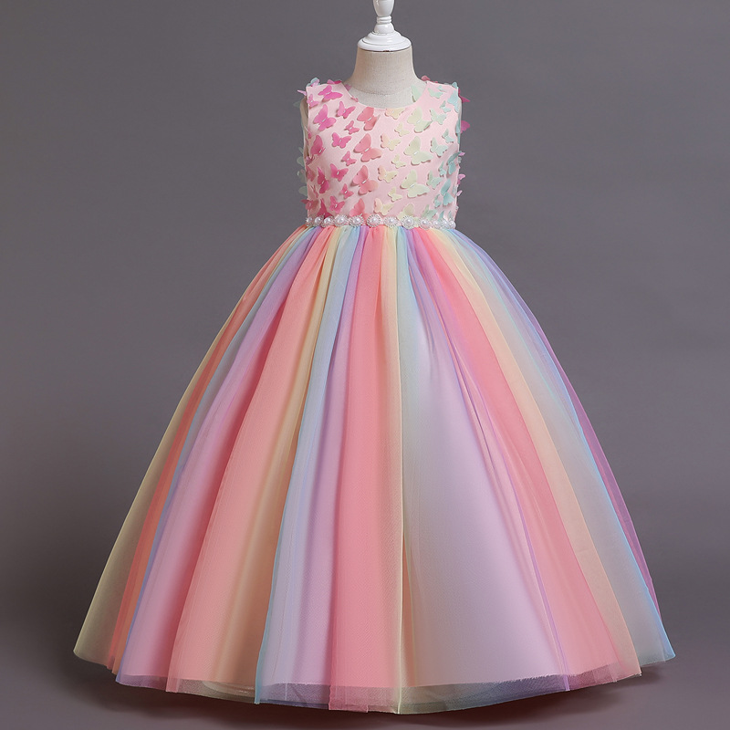 European and American children's princess dress, sleeveless fluffy veil, rainbow dress, girls' wedding dress, banquet, piano performance costume