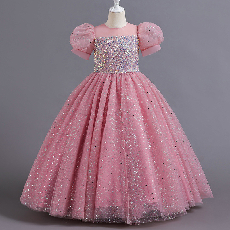 Children's Dress, European and American Flower Girl Bubble Sleeve Puff Dress, Girl Host Piano Performance Dress, Evening Dress, Princess Style