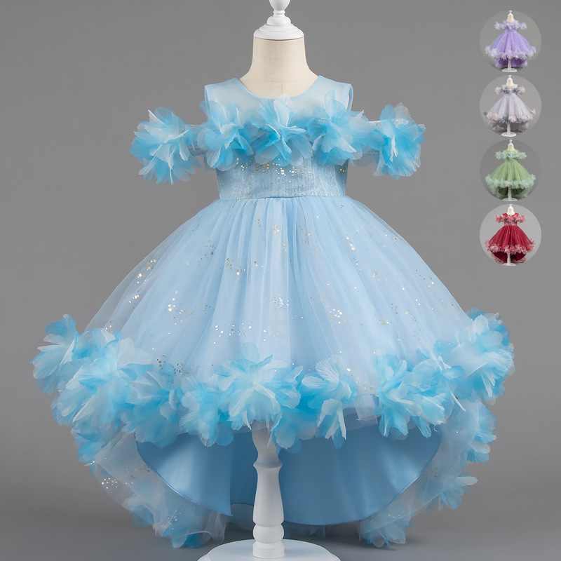 New foreign trade girls' dress, summer girls' gradient color flower one shoulder fluffy princess dress, children's dress