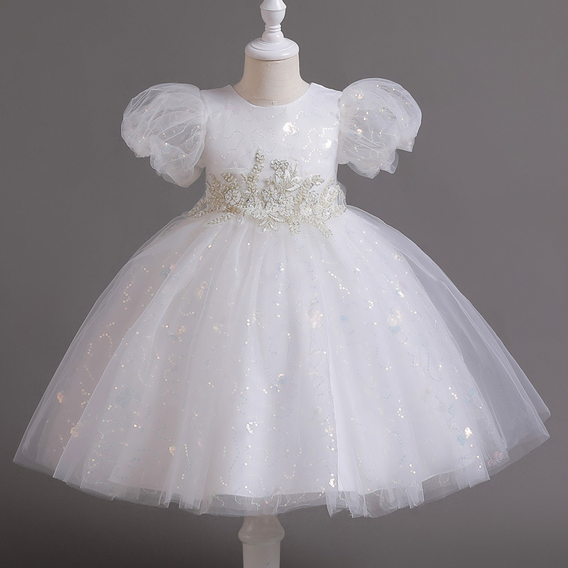Girl's fluffy dress, wedding dress, short sleeved European and American children's princess dress, birthday piano runway performance dress, dress