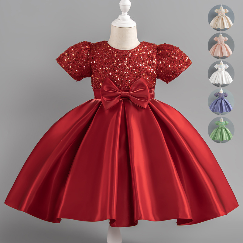 Cross border girls' satin dress with sequins and fluffy skirt, new style for little girls' birthday performance dress, children's dress, stylish