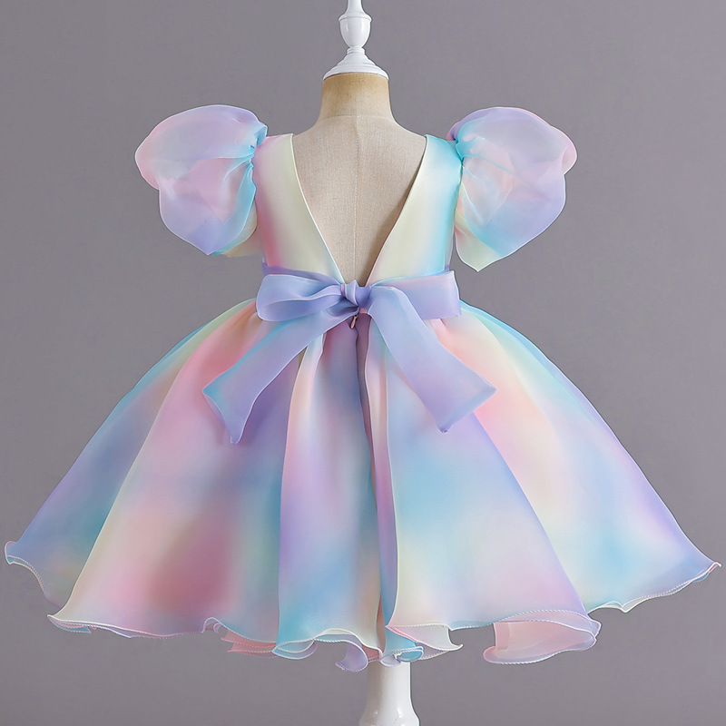 Hot selling girls' princess dresses on AliExpress, summer one year old dresses, rainbow puffy dresses for young children, baby performance costumes