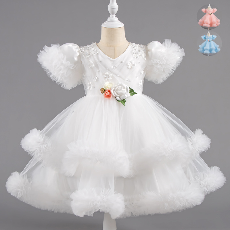 New foreign trade girls' cake princess dress, one year old dress, summer canopy mesh, birthday party performance dress, dress