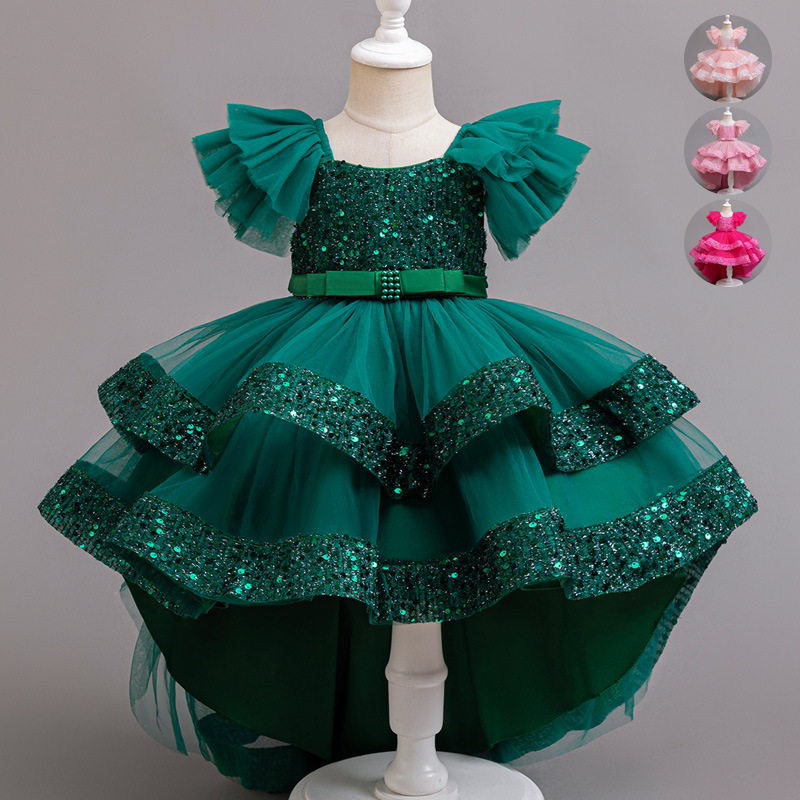 Cross border children's princess dress sequin trailing dress summer dress European and American girl birthday dinner piano performance dress