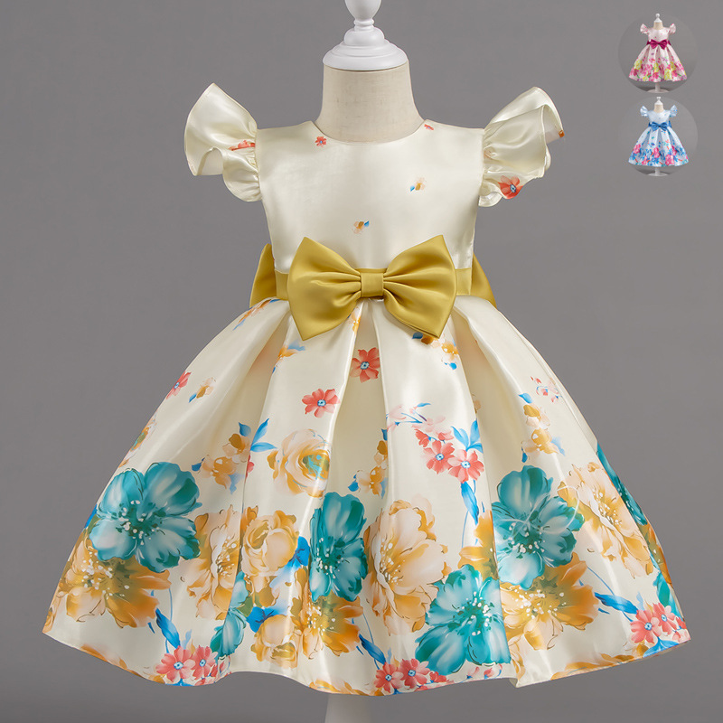 Amazon girls' styling flower print European and American style dress, summer baby girl elegant princess dress, stylish