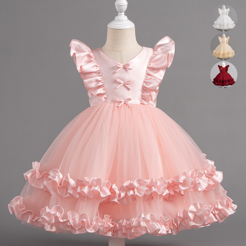 Cross border children's one year old dress with flying sleeves, fluffy mesh, princess dress, baby's birthday party performance dress