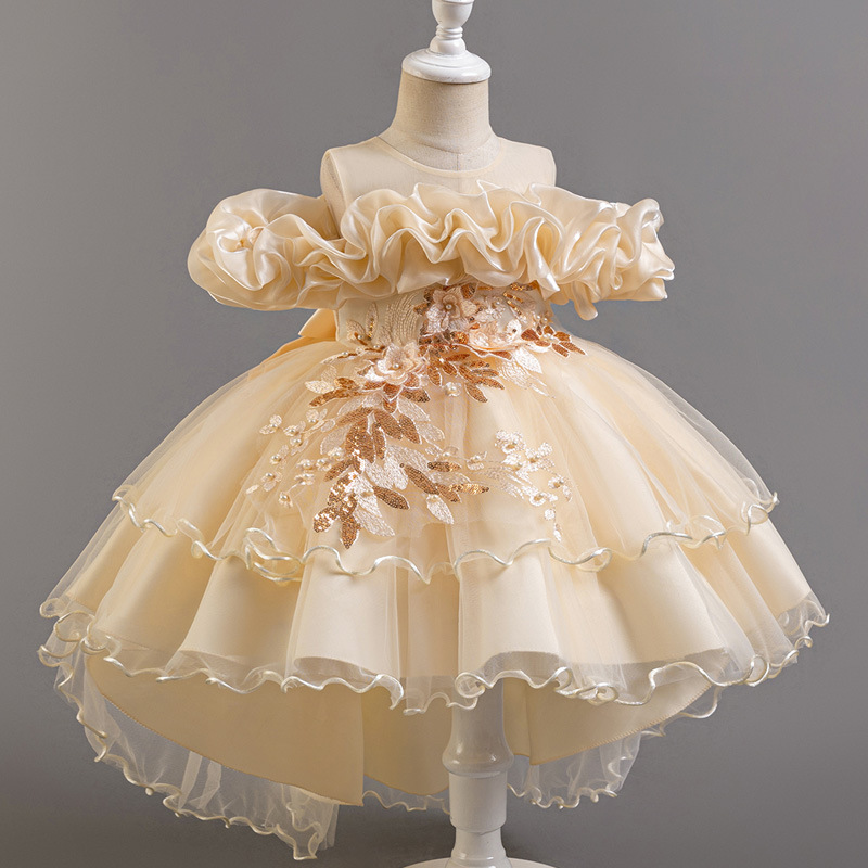 New children's dress with one shoulder, light luxury, niche tail, fluffy veil, princess dress, girls' fashion show performance outfit