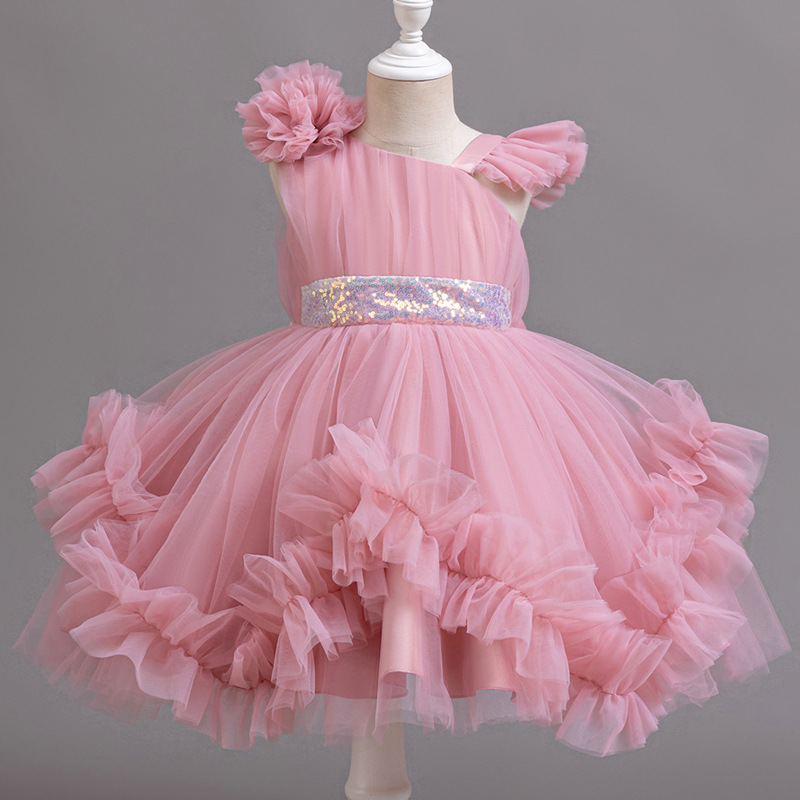 Cross border children's dress summer girl half shoulder sleeves fluffy gauze princess dress flower girl runway birthday performance dress