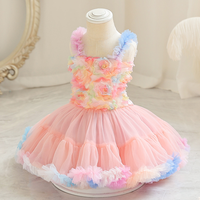Girls' tutu dress, summer flower girl princess dress, baby fluffy gauze suspender dress, children's one year old dress